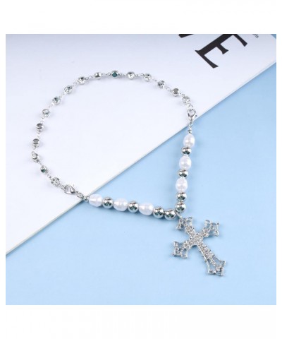 Punk Large Crystal Cross Necklace Choker Silver Pearl Choker Necklace Vintage Jesus Cross Necklace Chain Gothic Rhinestone Cr...