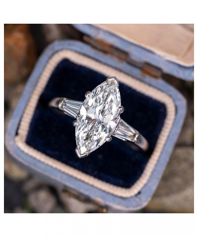 Classic Platinum Plated Marquise Cut and Baguette CZ Cubic Zirconia Engagement Ring 3-Stone Wedding Promise Rings for Her (US...