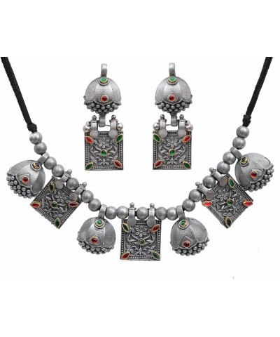 Indian Antique Afghani Silver Oxidized Polish Ghungroo Bells Boho Gypsy Tribal Statement Multi Mirror Choker Thread Necklace ...