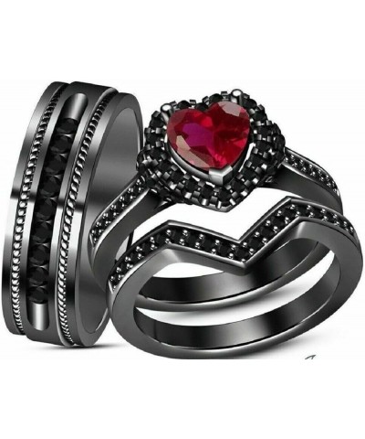 Triostar Synthetic Created Heart Shaped Pink Ruby 14k Black Gold Over Engagement His & Her Wedding Engagement Trio Ring Set W...