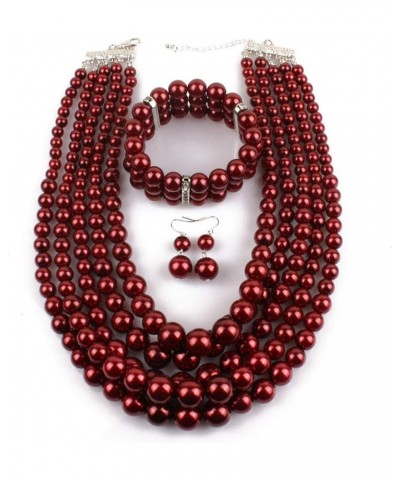 Women Fashion Faux Pearls Gatsby Accessory Sets Flapper Pearl Cluster Long Necklace Earring Bracelet Set Costume Winered $9.8...