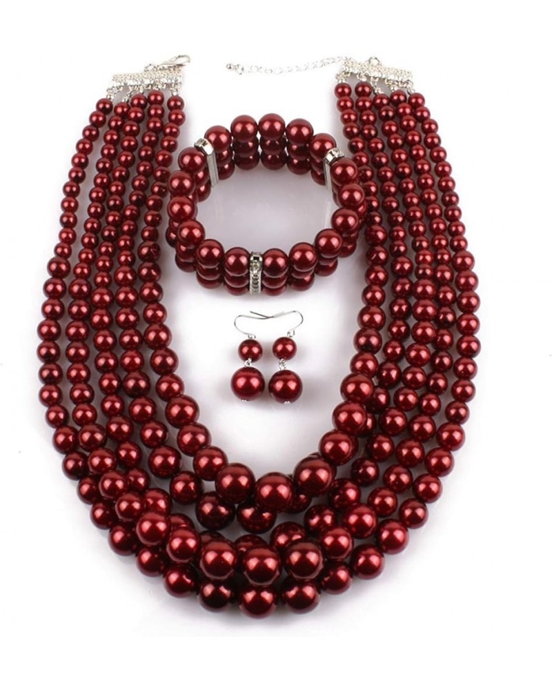 Women Fashion Faux Pearls Gatsby Accessory Sets Flapper Pearl Cluster Long Necklace Earring Bracelet Set Costume Winered $9.8...