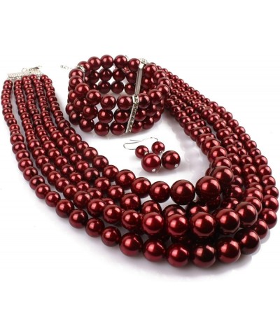 Women Fashion Faux Pearls Gatsby Accessory Sets Flapper Pearl Cluster Long Necklace Earring Bracelet Set Costume Winered $9.8...