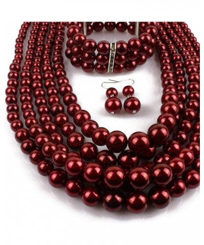 Women Fashion Faux Pearls Gatsby Accessory Sets Flapper Pearl Cluster Long Necklace Earring Bracelet Set Costume Winered $9.8...