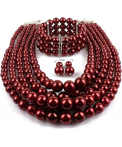 Women Fashion Faux Pearls Gatsby Accessory Sets Flapper Pearl Cluster Long Necklace Earring Bracelet Set Costume Winered $9.8...