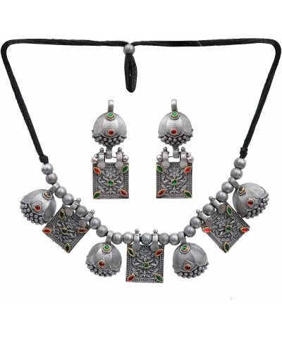 Indian Antique Afghani Silver Oxidized Polish Ghungroo Bells Boho Gypsy Tribal Statement Multi Mirror Choker Thread Necklace ...