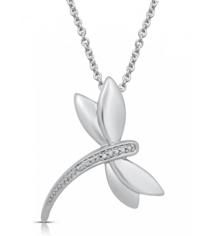 Sterling Silver Natural White Round Diamonds Dragonfly Pendant Necklace, 18" Rolo Chain $15.08 Necklaces