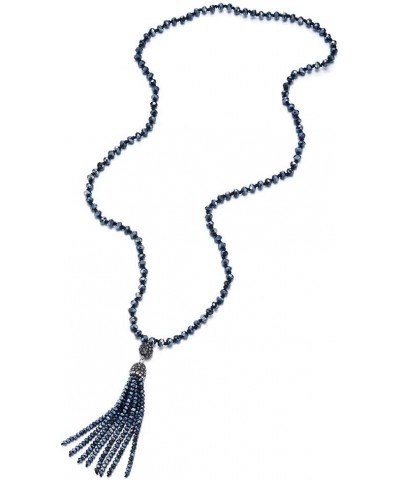 Fashion Statement Necklace Y-Shape Fringe Tassel Pendant Dark Grey Blue Crystal Beads Long Chain $11.00 Necklaces