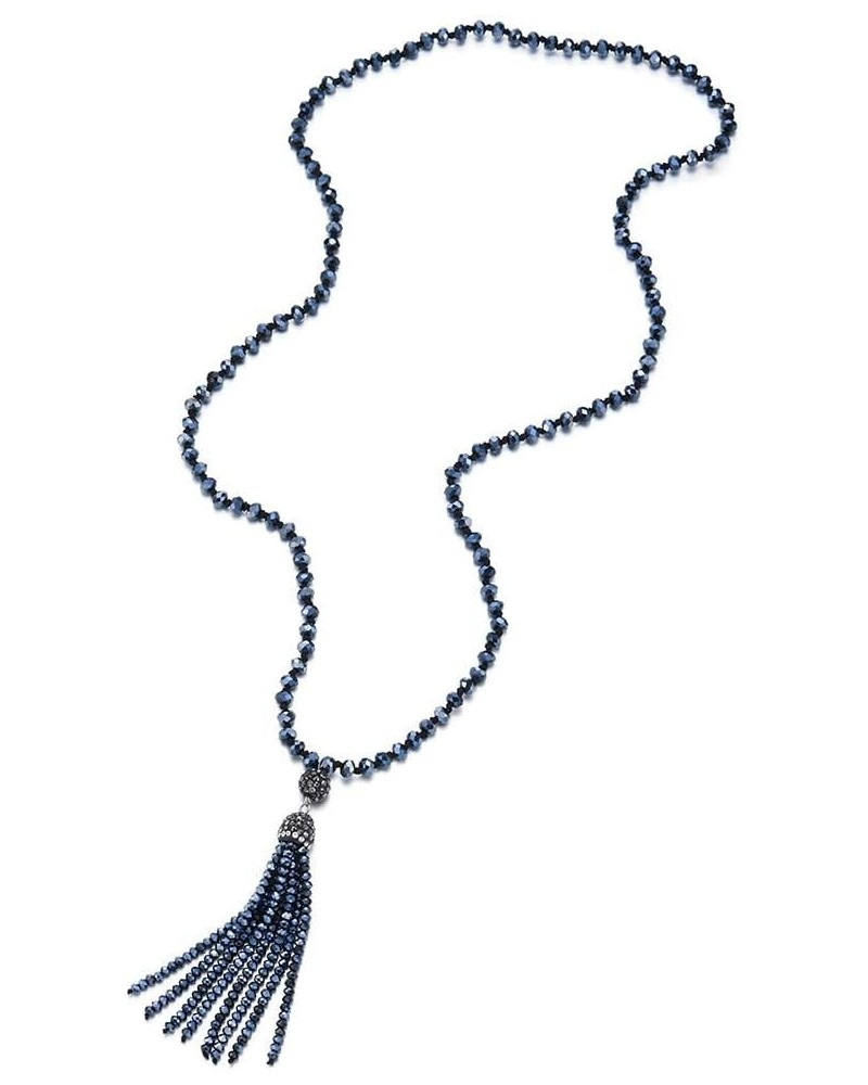 Fashion Statement Necklace Y-Shape Fringe Tassel Pendant Dark Grey Blue Crystal Beads Long Chain $11.00 Necklaces