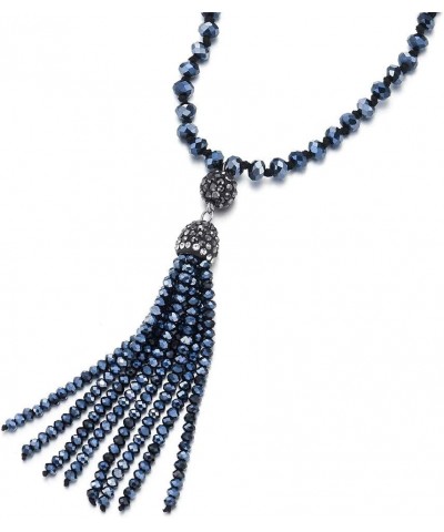 Fashion Statement Necklace Y-Shape Fringe Tassel Pendant Dark Grey Blue Crystal Beads Long Chain $11.00 Necklaces