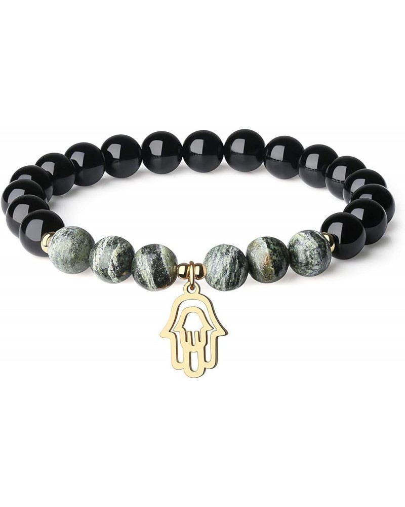 Hamsa Hand Charm Black Tourmaline Stone Bracelet Zebra jasper $14.04 Bracelets