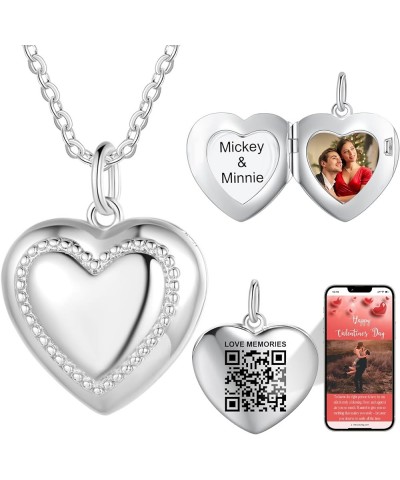 Personalized Locket Necklace for Women Men Heart Silver Pendant That Hold Picture & Engraved QR Code Enable Custom Photo Albu...