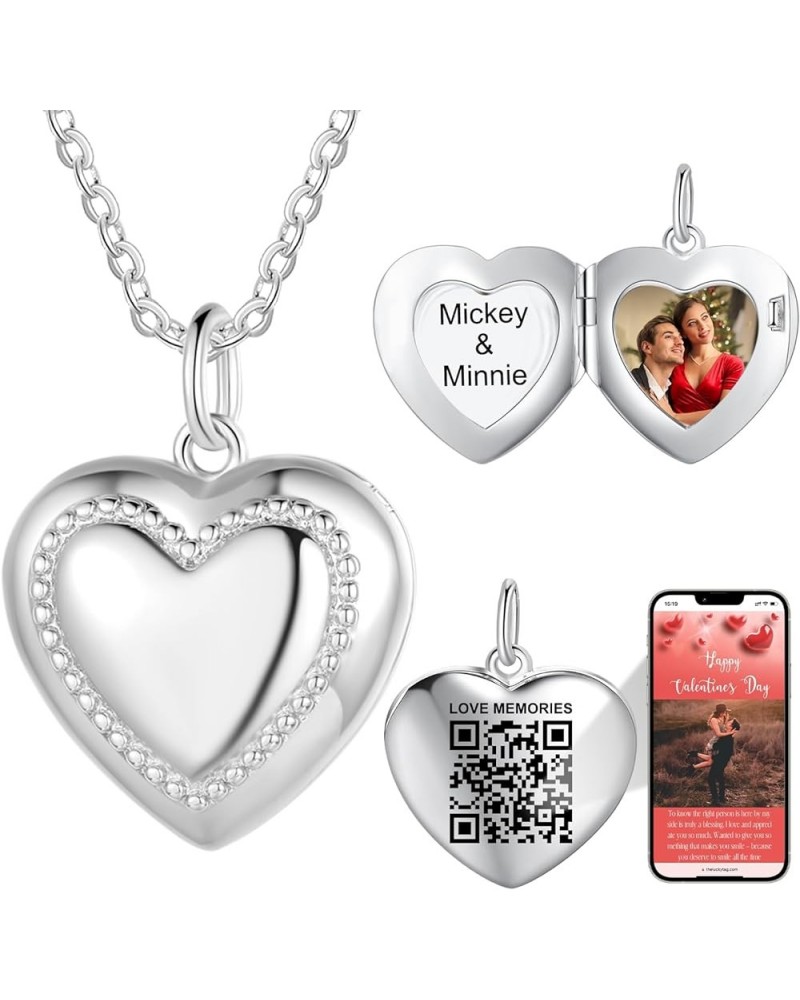 Personalized Locket Necklace for Women Men Heart Silver Pendant That Hold Picture & Engraved QR Code Enable Custom Photo Albu...