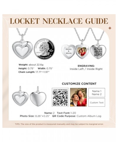 Personalized Locket Necklace for Women Men Heart Silver Pendant That Hold Picture & Engraved QR Code Enable Custom Photo Albu...