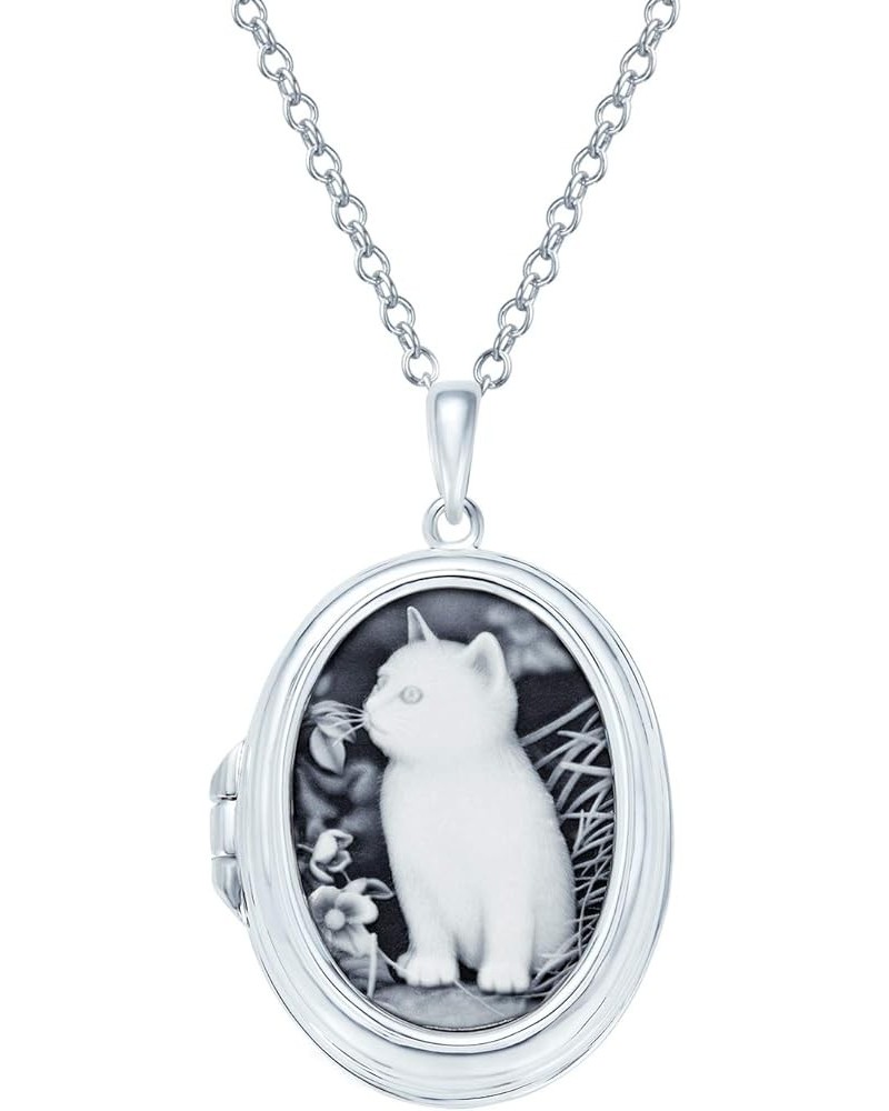 Personalized Custom Engraved Holds Picture Vintage Antique Style Simulated Black White Onyx Sitting Kitten Oval Cat Cameo Pho...