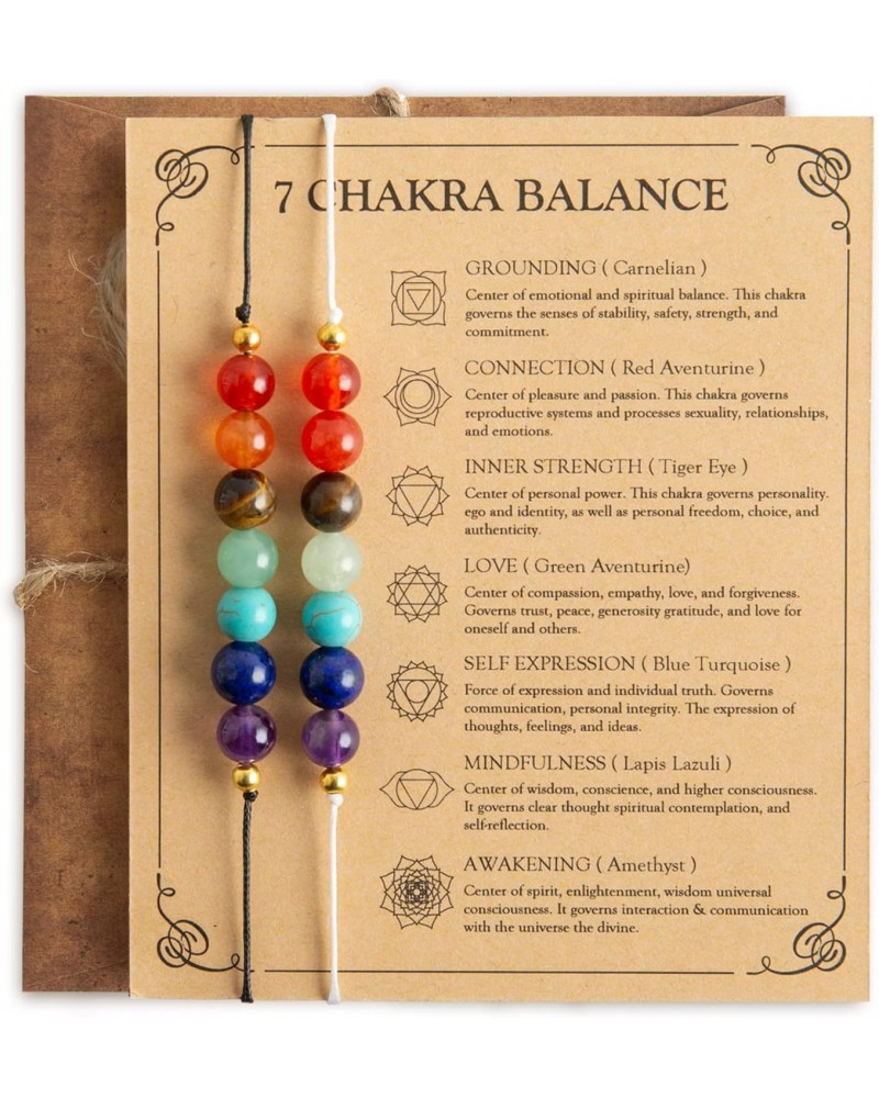 7 Chakra Stones Bracelets, 2pcs Handmade Natural Carnelian Crystal Adjustable Bracelet with Wish Card - Braided Beaded Rainbo...