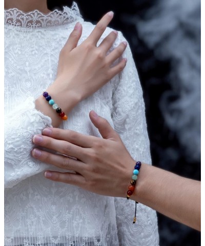 7 Chakra Stones Bracelets, 2pcs Handmade Natural Carnelian Crystal Adjustable Bracelet with Wish Card - Braided Beaded Rainbo...