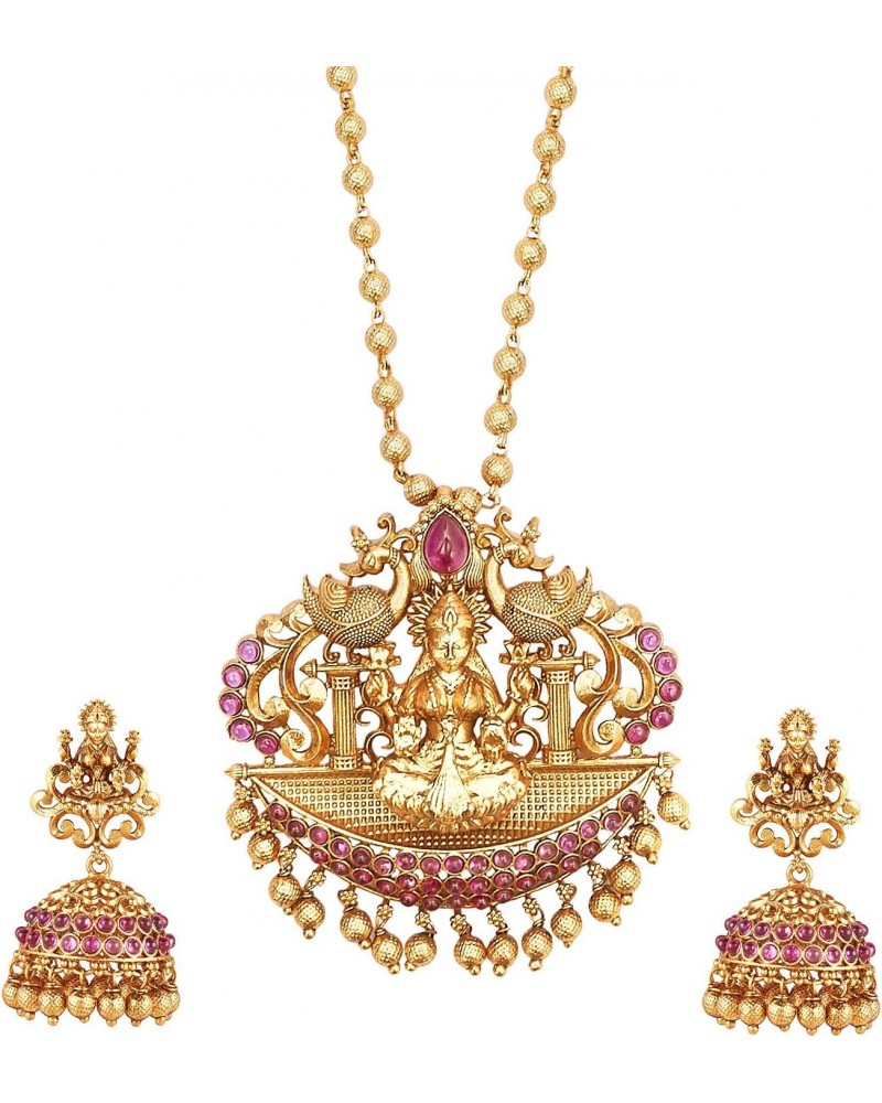 Traditional Indian Bollywood Handcrafted Antique Gold Plated Goddess Lakshmi Temple Jewellery Necklace Set With Matching Earr...