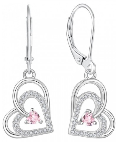 Heart Earrings 925 Sterling Silver Love Heart Dangle Earrings Birthstone Leverback Jewelry for Women 10-Pink Tourmaline-Oct $...