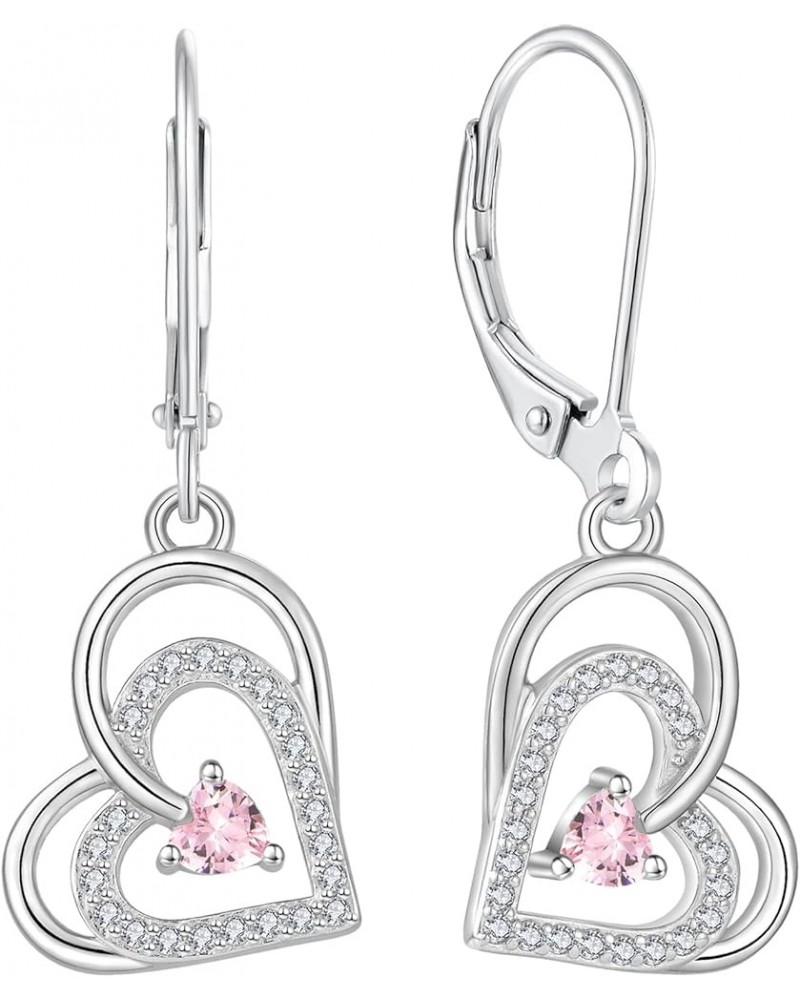 Heart Earrings 925 Sterling Silver Love Heart Dangle Earrings Birthstone Leverback Jewelry for Women 10-Pink Tourmaline-Oct $...