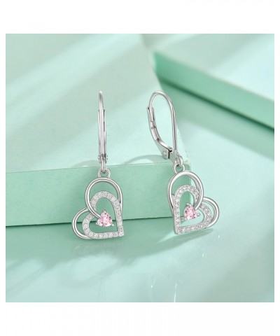 Heart Earrings 925 Sterling Silver Love Heart Dangle Earrings Birthstone Leverback Jewelry for Women 10-Pink Tourmaline-Oct $...