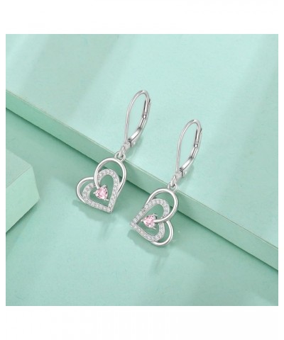 Heart Earrings 925 Sterling Silver Love Heart Dangle Earrings Birthstone Leverback Jewelry for Women 10-Pink Tourmaline-Oct $...