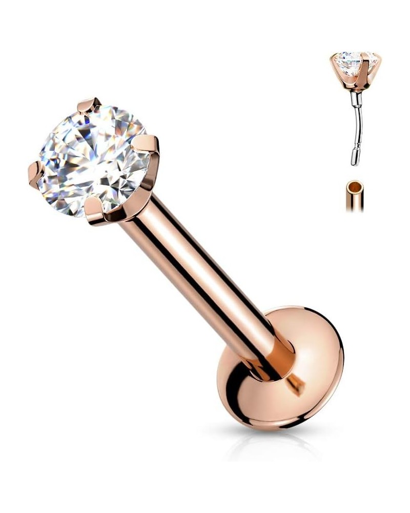 16 Gauge CZ Threadless Top PVD Over 316L Surgical Steel Push in Style Labret, Flat Back Studs (Choose Color) Rose Gold/Clear ...