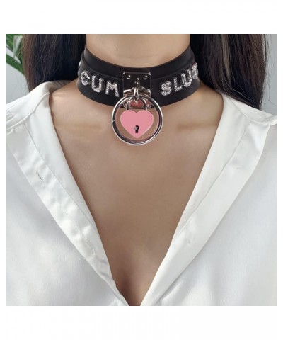 Black Heart Padlock O-ring Choker Necklace for Women, Punk Gothic Letter Leather Collar Pink padlock Cosplay Jewelries BK CHA...