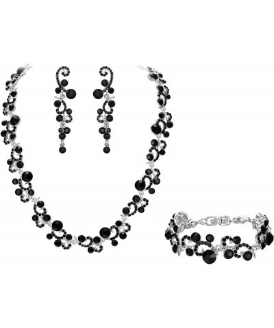 Women's Austrian Crystal Elegant Wedding Flower Wave Necklace Earrings Bracelet Set Earrings+Necklace+Bracelet_Black Silver-T...