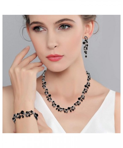 Women's Austrian Crystal Elegant Wedding Flower Wave Necklace Earrings Bracelet Set Earrings+Necklace+Bracelet_Black Silver-T...