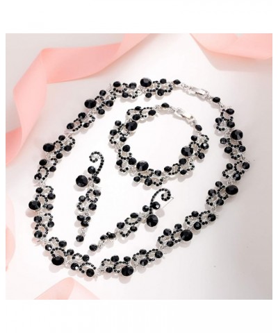 Women's Austrian Crystal Elegant Wedding Flower Wave Necklace Earrings Bracelet Set Earrings+Necklace+Bracelet_Black Silver-T...