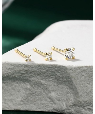 14K Solid Gold Bone L Bend Nose Stud 22g 18g 20g 1.5mm 2mm 3mm CZ Yellow Gold Nose Ring Stud Press Fit Nose Pin S Screw 14K R...