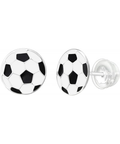 Hypoallergenic 925 Sterling Silver Round Soccer Ball Stud Earrings with Silicone Coated Push Backs for Baby, Girls, Teens and...