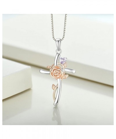 Cross Pendant Necklace 925 Sterling Silver Rose Flower Necklace Gemstones Flower Jewelry for Women Rose: 06-alexandrite-Jun $...