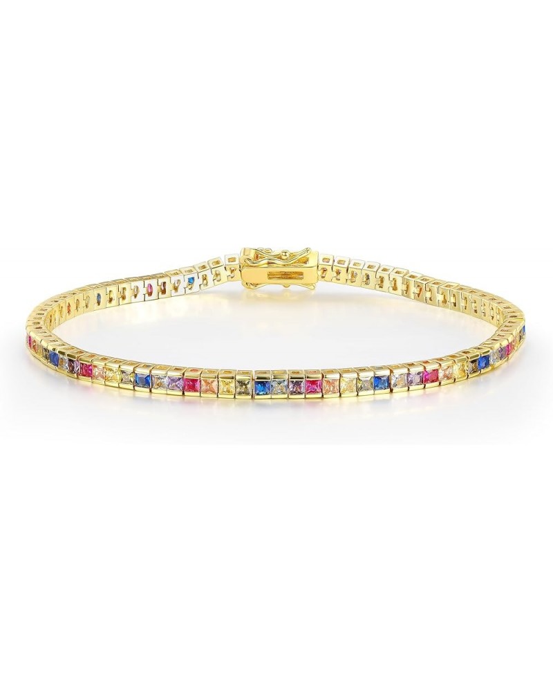 2 * 2mm Rainbow Square Tennis Bracelet, 2.0mm Thin 18K White/Yellow Gold Plated Square Colorful Cubic Zirconia Tennis Bracele...