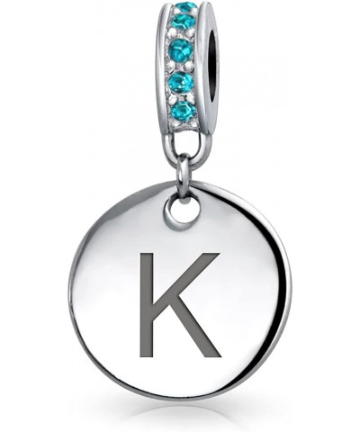 Engravable A-Z Monogram AQUA Crystal Accent Bale Dangle Round Circle Disc Shaped Alphabet Initial Charm Bead For Women Teen ....