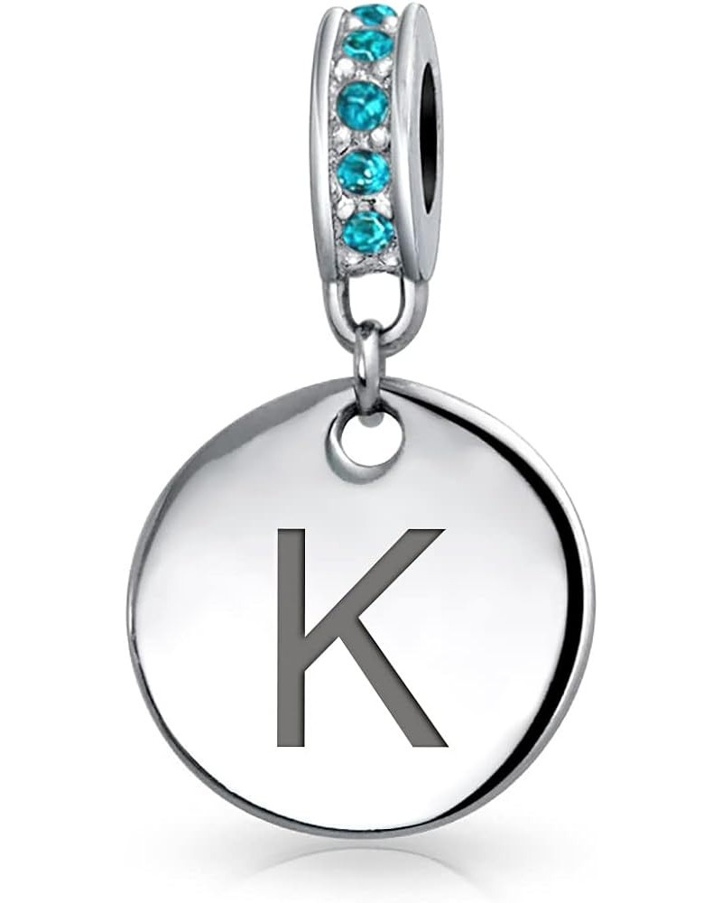 Engravable A-Z Monogram AQUA Crystal Accent Bale Dangle Round Circle Disc Shaped Alphabet Initial Charm Bead For Women Teen ....