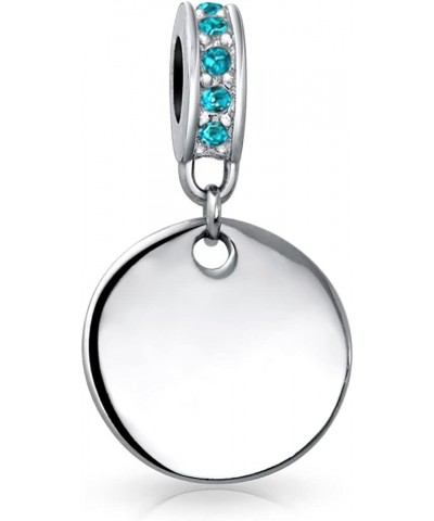 Engravable A-Z Monogram AQUA Crystal Accent Bale Dangle Round Circle Disc Shaped Alphabet Initial Charm Bead For Women Teen ....