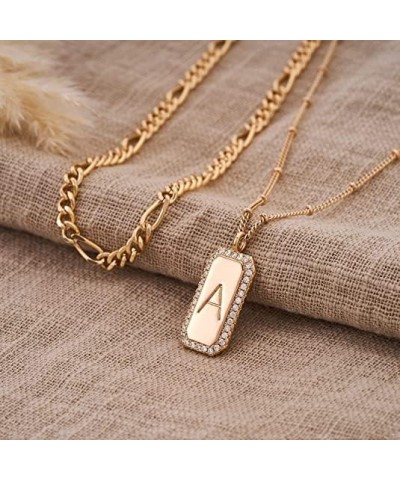 Gold Necklace for Women Figaro Chain Choker Necklace 2 Layered Set Initial Bar Rectangle Pendant Necklaces 14K Gold Plated Si...