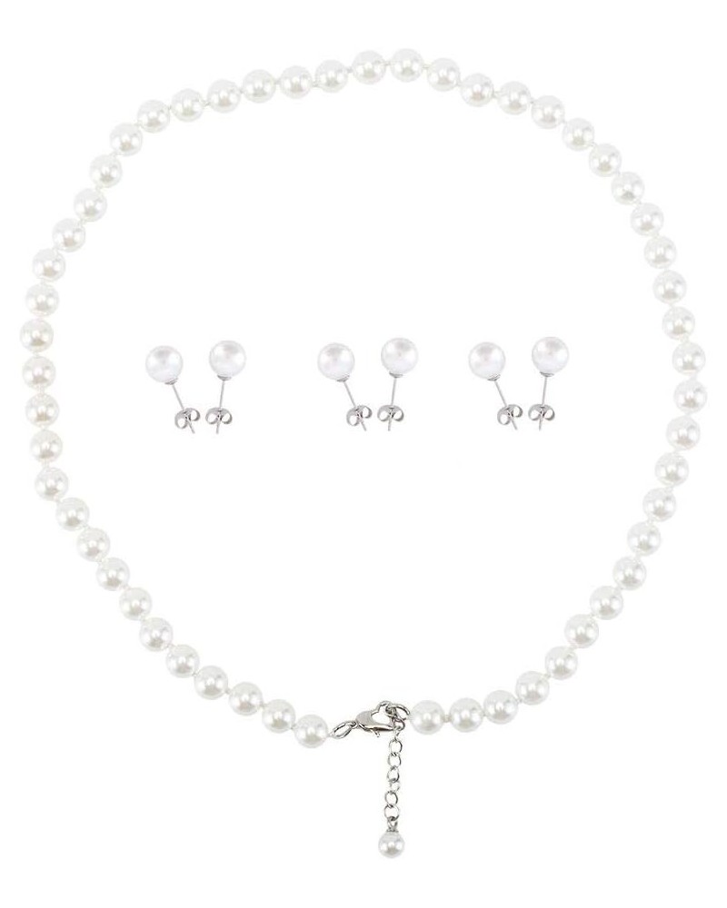 Faux Hand Knotted Glass Imitation Pearls Necklace Earring Jewelry 4 Set for Women and Girls White 8mm 14.5inch $6.88 Necklaces