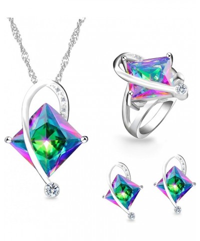 Charm Created Topaz Big Square Crystal Necklace Stud Earrings Rings Party Jewelry Set for Women Multicolor $9.85 Jewelry Sets