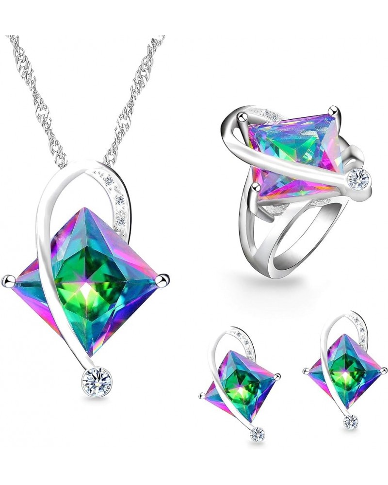 Charm Created Topaz Big Square Crystal Necklace Stud Earrings Rings Party Jewelry Set for Women Multicolor $9.85 Jewelry Sets