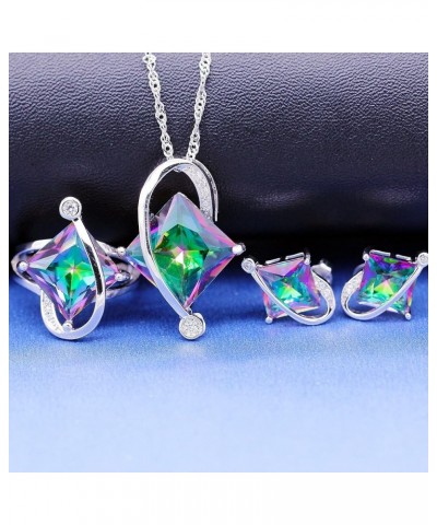 Charm Created Topaz Big Square Crystal Necklace Stud Earrings Rings Party Jewelry Set for Women Multicolor $9.85 Jewelry Sets