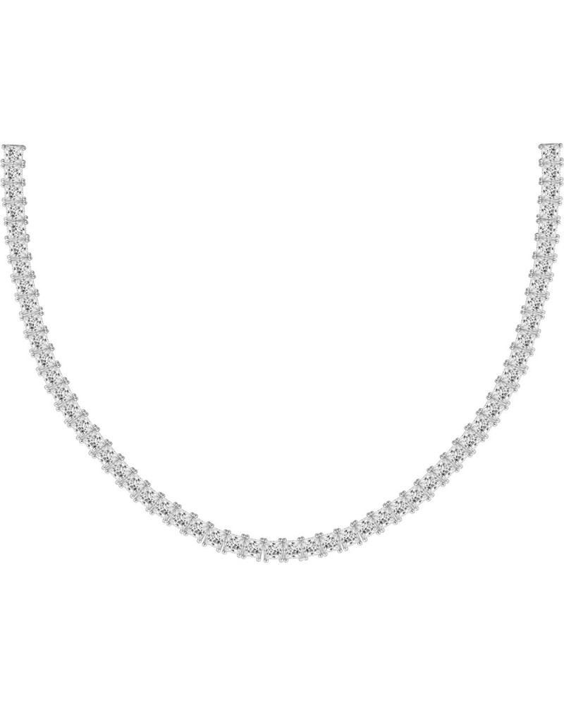 Rhodium Plated Solid 925 Sterling Silver Tennis Necklace | Classic Silver Necklace for Women and Men | 3mm-5mm Princess Cut C...