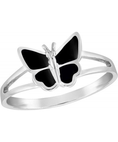 Carefree Fluttering Butterfly Inlaid Simulated Black Onyx .925 Sterling Silver Ring | Elegant Wedding Rings For Women | Casua...