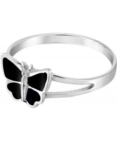 Carefree Fluttering Butterfly Inlaid Simulated Black Onyx .925 Sterling Silver Ring | Elegant Wedding Rings For Women | Casua...