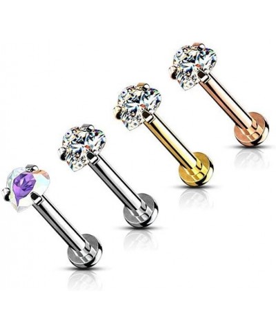 16 Gauge Heart CZ Prong Set Top Internally Threaded Micro Base 316L Surgical Steel Labret, Flat Back Studs For Lip, Chin, Nos...