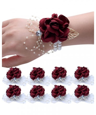 8pcs Claret Rose Wedding Girl's Wrist Corsage Bracelets,Bridesmaid Pearl Bracelet,Women's Hand Flowers for Wedding Party Prom...