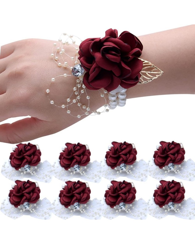 8pcs Claret Rose Wedding Girl's Wrist Corsage Bracelets,Bridesmaid Pearl Bracelet,Women's Hand Flowers for Wedding Party Prom...