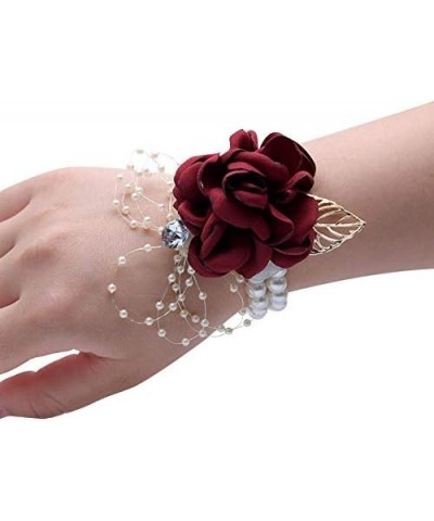 8pcs Claret Rose Wedding Girl's Wrist Corsage Bracelets,Bridesmaid Pearl Bracelet,Women's Hand Flowers for Wedding Party Prom...